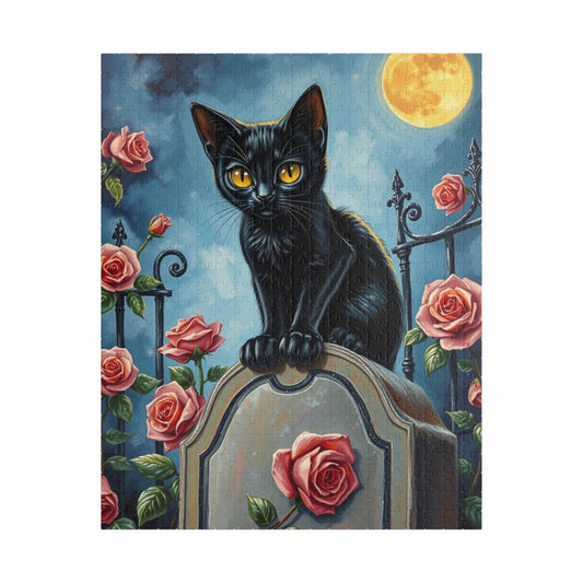 Graveyard Night Stalker Jigsaw Puzzle - Black Cat on Moonlight Gravestone, Halloween Game, Gift for Cat Lover, Challenging Family Activity