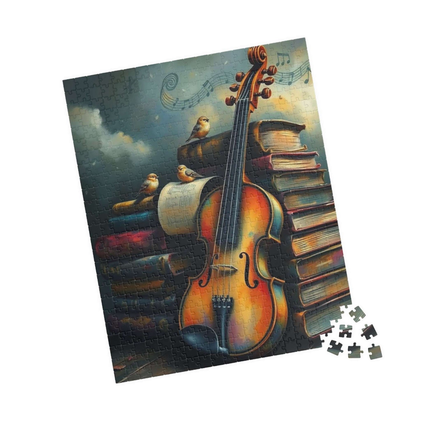 Violin and Storybooks Jigsaw Puzzle with Birds and Music Notes - Gift for Musician, Book Lover, or Teacher, Musical Instrument Puzzle