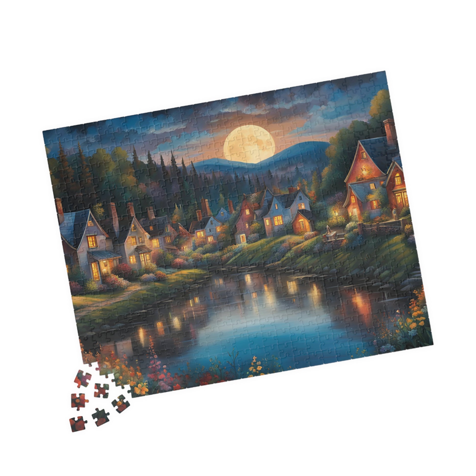 Nighttime Village Landscape Puzzle Gifted, Serene River, Moonlit Backdrop, 520 pcs, Adult, Relaxing Activity, Jigsaw Game, Holiday Present The Puzzle Chest