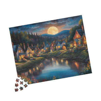 Nighttime Village Landscape Puzzle Gifted, Serene River, Moonlit Backdrop, 520 pcs, Adult, Relaxing Activity, Jigsaw Game, Holiday Present The Puzzle Chest