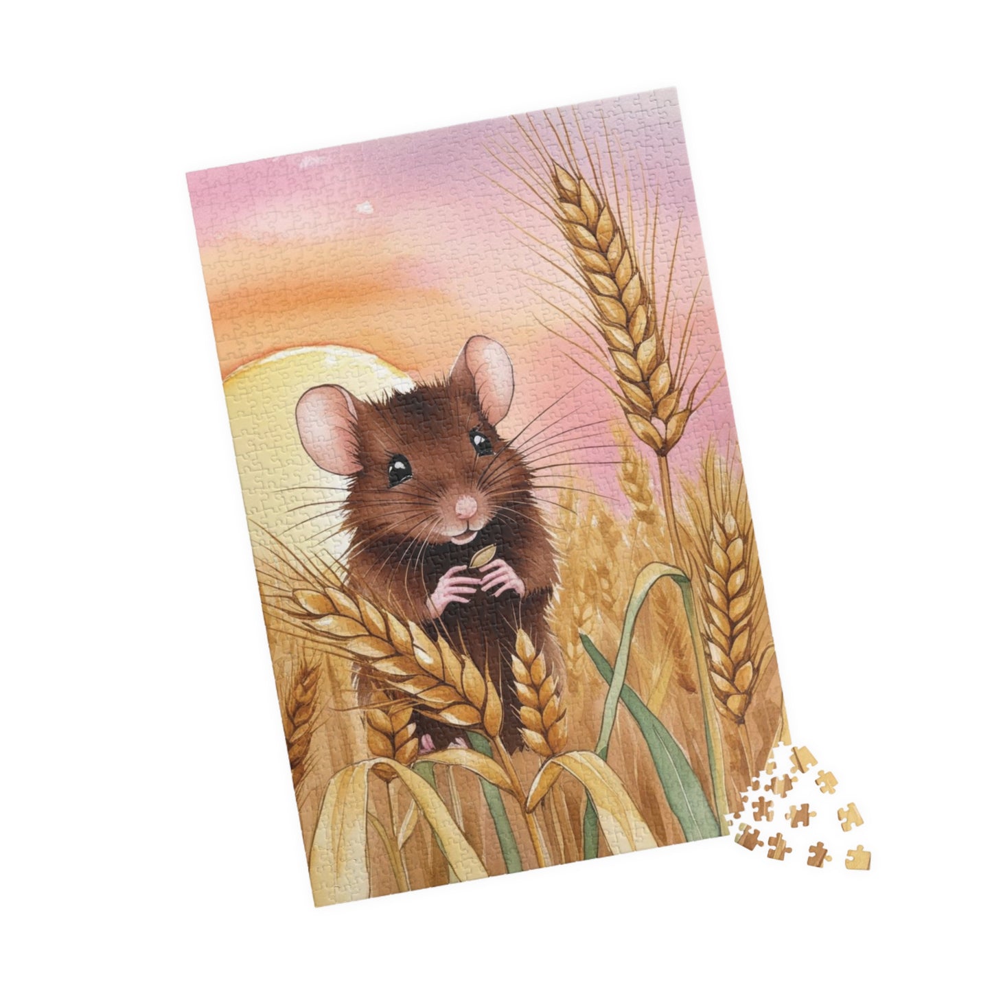 Animal Jigsaw Puzzle Gifted, Cute Mouse in Wheat Field Sunset Art, Animal Lover Brain Teaser Game Family Activity, Relaxing Hobby Enthusiast