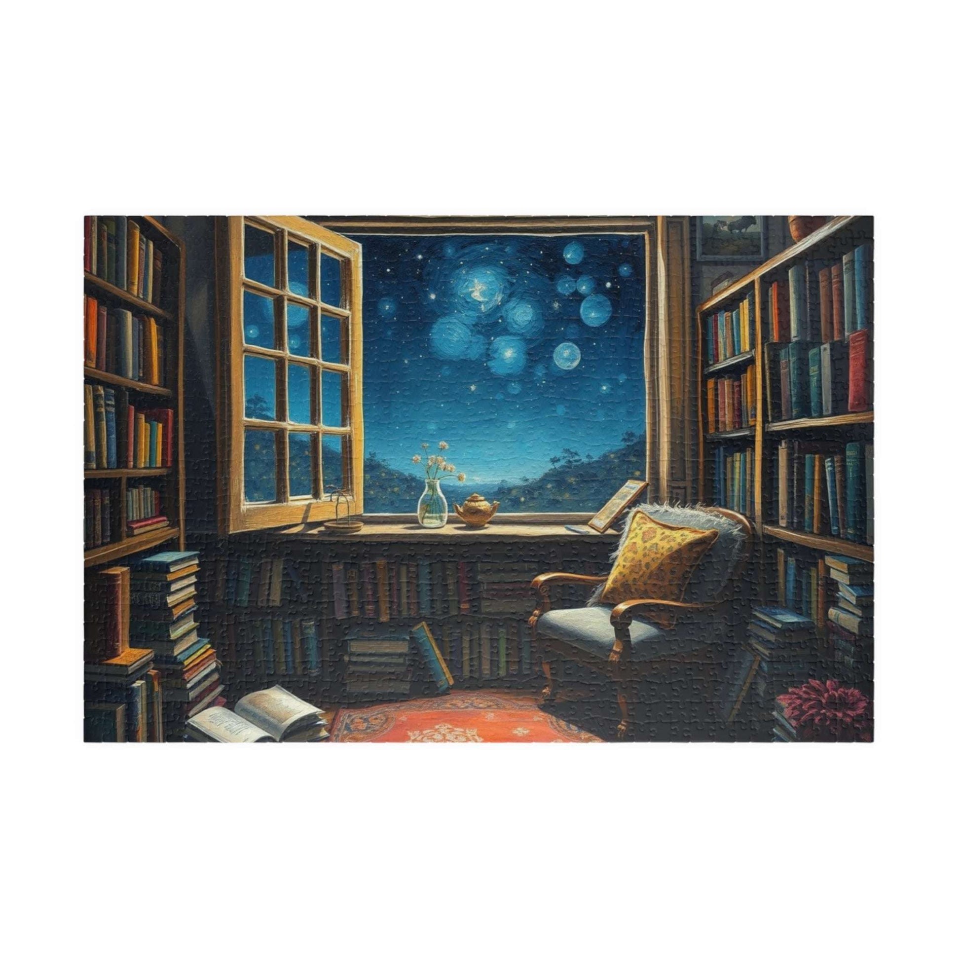Cozy Library Jigsaw Puzzle - Starry Night Sky, Book Lover Gift, Educational Game, Mindfulness Activity, Literary Scene, Ideal for Family Fun 1014 pcs (Horizontal) Puzzle The Puzzle Chest