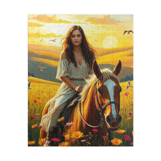 Woman on Horseback in Sunlit Wildflower Field Puzzle, Equestrian Horse Scene Jigsaw Game, Mindful Activity, Puzzle Animal and Art Lover Gift 110 pcs (Vertical) Puzzle The Puzzle Chest