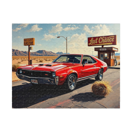 Vintage Car Puzzle, Classic Red 1969 AMC AMX, Desert Setting with Rusty Gas Sign and Tumbleweed, Retro Car Enthusiast Puzzle Lover Gift 252 pcs (Horizontal) Puzzle The Puzzle Chest