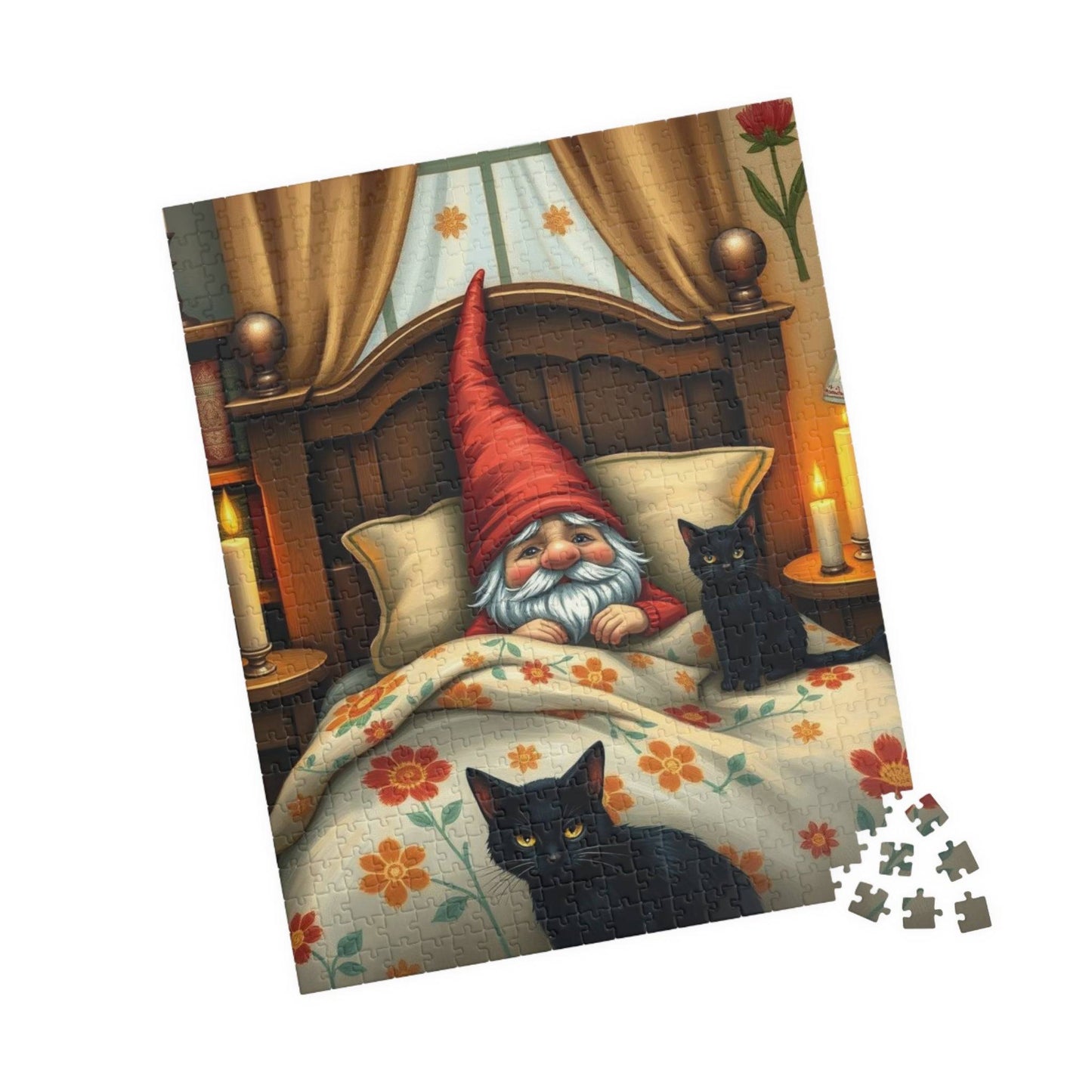 Gnome Sleeping in Cottage Bed with Cats – Folk Art Nighttime Jigsaw Puzzle 520 pcs (Vertical) Puzzle The Puzzle Chest