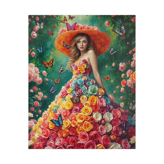 Lady of the Rainbow Rose Garden - Vibrant Floral Butterfly Fantasy Jigsaw Puzzle