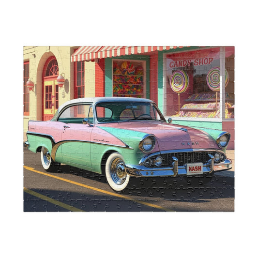 Vintage Car Puzzle - 1957 Nash Metropolitan Classic Auto Jigsaw Game, Nostalgic Candy Shop Design, Perfect Car Lover Gift, Family Activity 252 pcs (Horizontal) Puzzle The Puzzle Chest