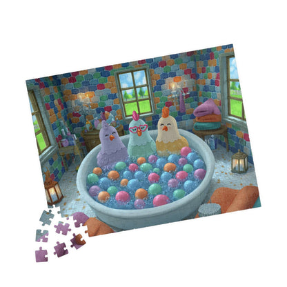 Pastel Chicken Bathhouse Jigsaw Puzzle – Adorable Fairy Tale Chickens Soaking in Rainbow Bubble Tub 252 pcs (Horizontal) Puzzle The Puzzle Chest