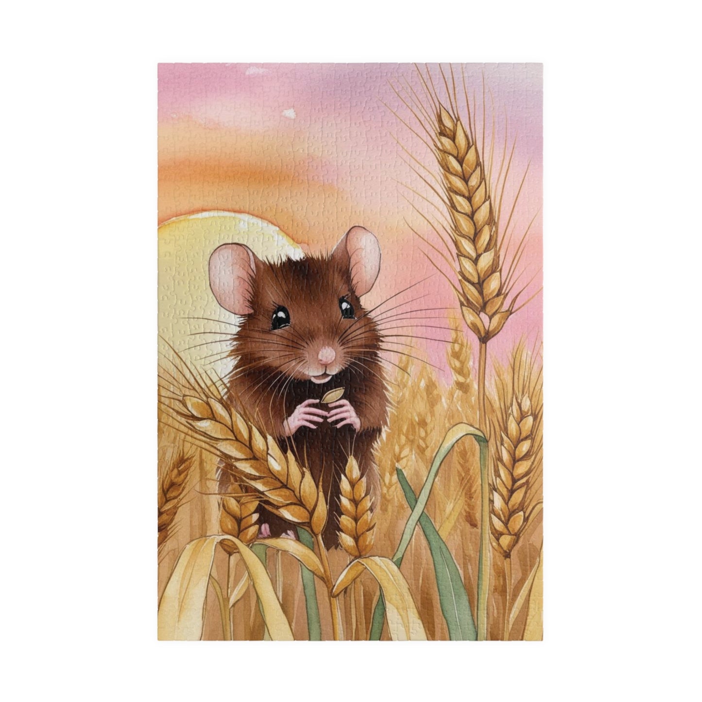 Animal Jigsaw Puzzle Gifted, Cute Mouse in Wheat Field Sunset Art, Animal Lover Brain Teaser Game Family Activity, Relaxing Hobby Enthusiast