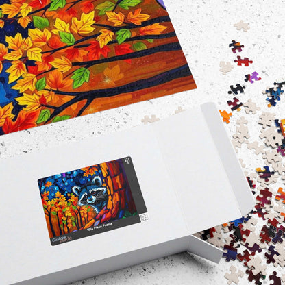 Autumn Nightscape Raccoon Puzzle, Colorful Nature Jigsaw for Solo or Family Fun, Birthday Gift for Animal Lover, Cozy Night In Entertainment