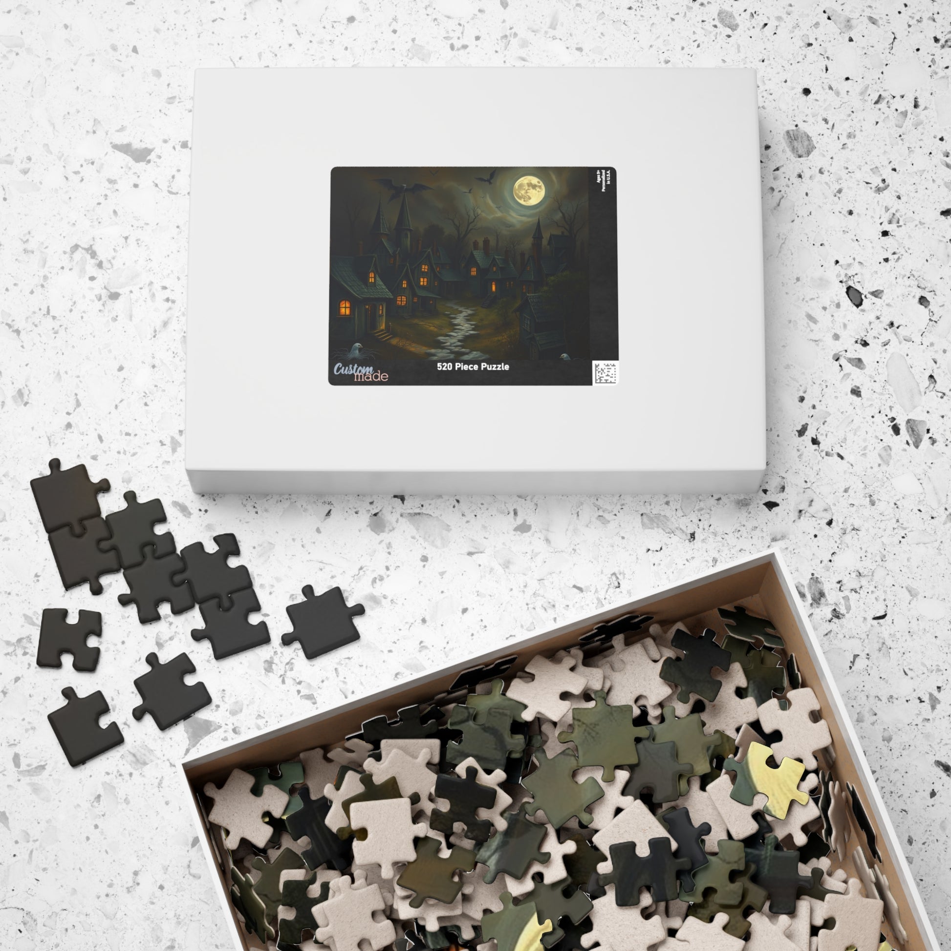Eerie Village Puzzle (110, 252, 520, 1014-piece), Black Houses Glowing Windows and Full Moon, Spooky Nighttime Scene, Gothic Lover Gift The Puzzle Chest