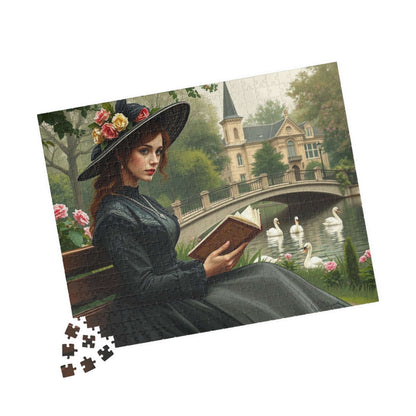 Tranquil Victorian Moment Jigsaw Puzzle - Woman Reading by a Swan-Filled Pond, Elegant 19th Century Scene 520 pcs (Horizontal) Puzzle The Puzzle Chest