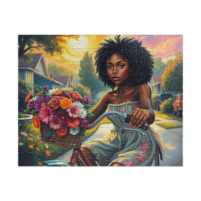 African American Jigsaw Puzzle, Black Woman Bicycle Scene Jigsaw Game, Black Art for Family Fun, Gift for Her, Perfect for Puzzle Enthusiast 110 pcs (Horizontal) Puzzle The Puzzle Chest