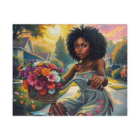 African American Jigsaw Puzzle, Black Woman Bicycle Scene Jigsaw Game, Black Art for Family Fun, Gift for Her, Perfect for Puzzle Enthusiast 110 pcs (Horizontal) Puzzle The Puzzle Chest