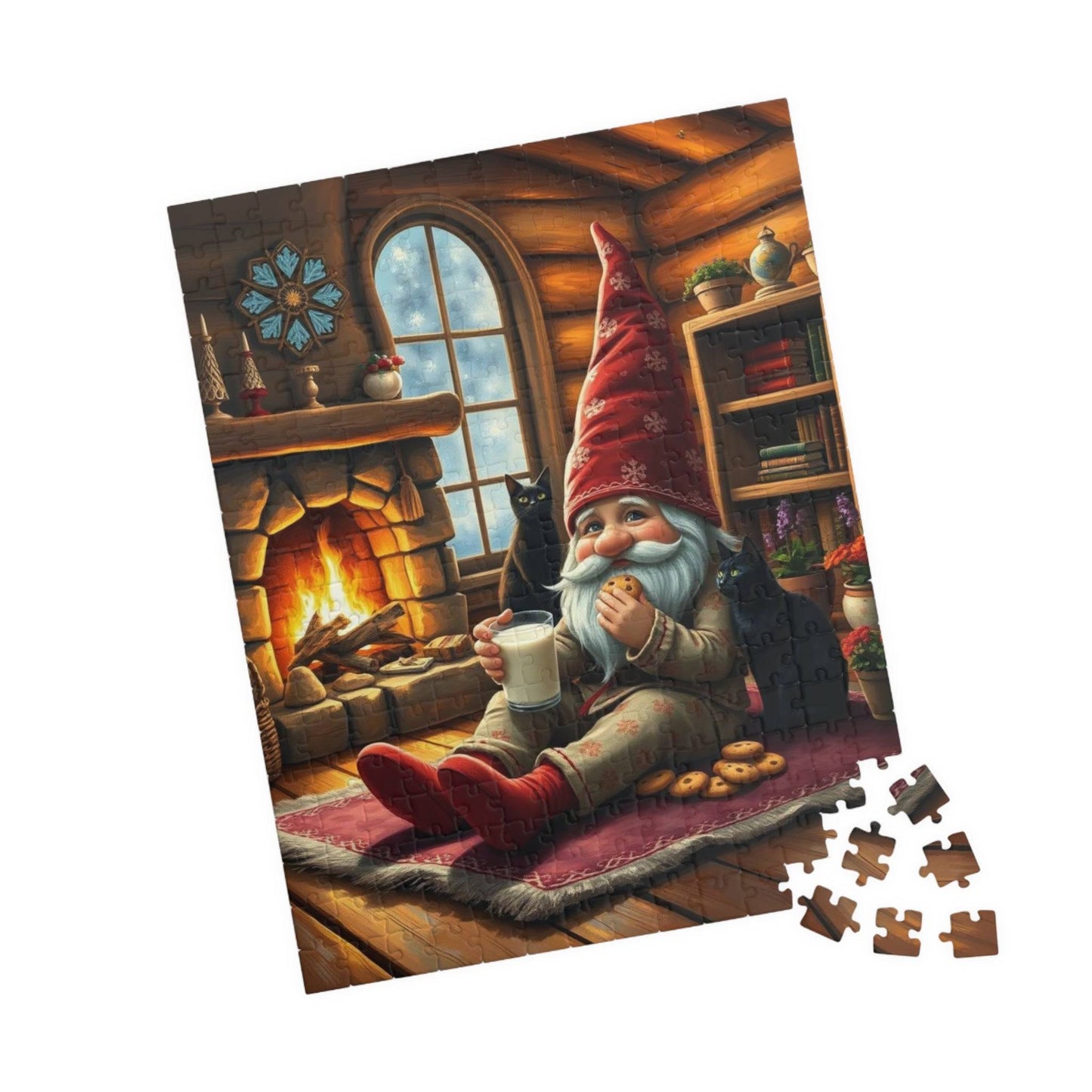 Cozy Gnome in Pajamas with Cats – Cottage Hearth Milk and Cookies Bedtime Jigsaw Puzzle 252 pcs (Vertical) Puzzle The Puzzle Chest