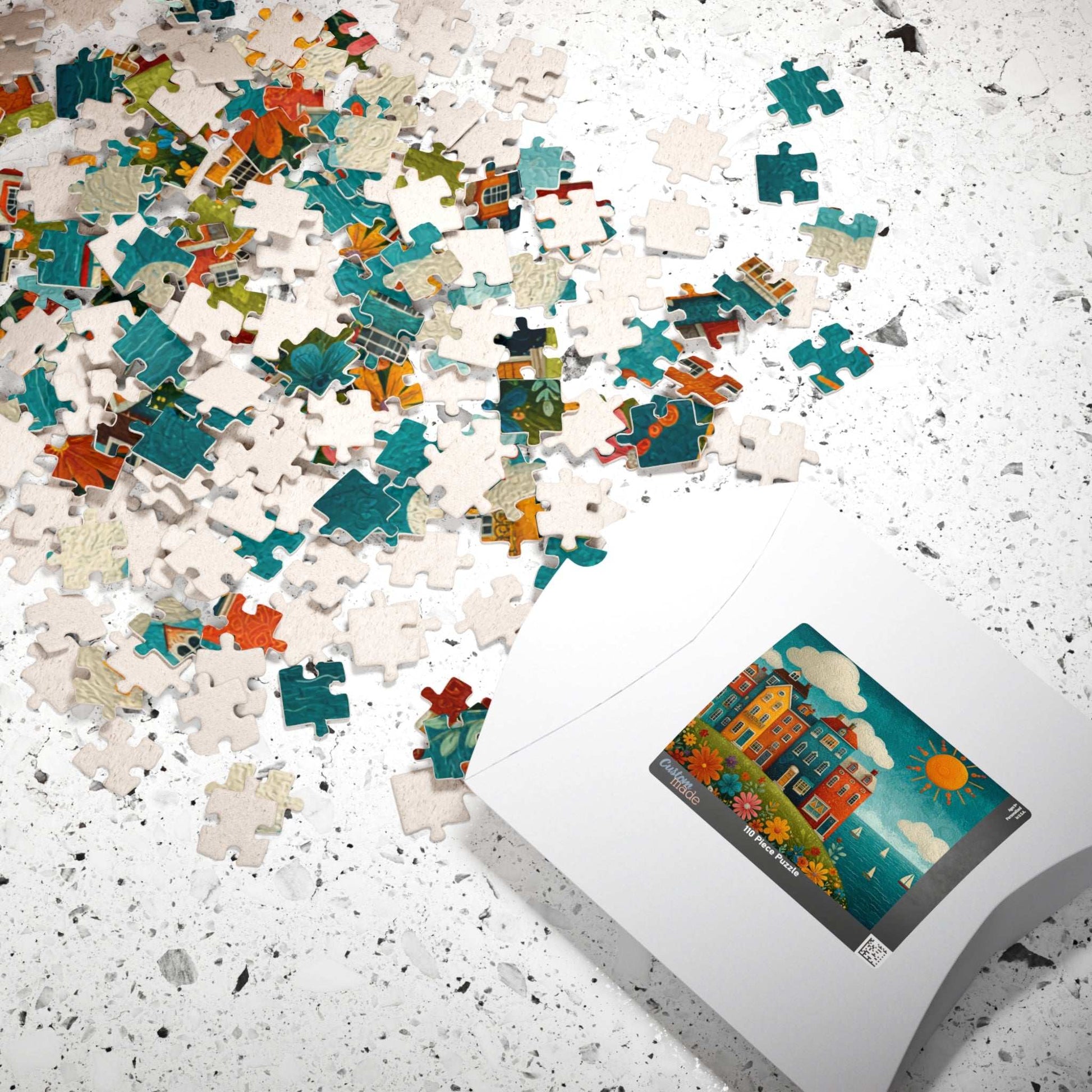 Seaside Village Jigsaw Puzzle - Coastal Ocean Scene, Colorful Beach Town with Bright Flowers, Sailboats, and Sun Puzzle The Puzzle Chest