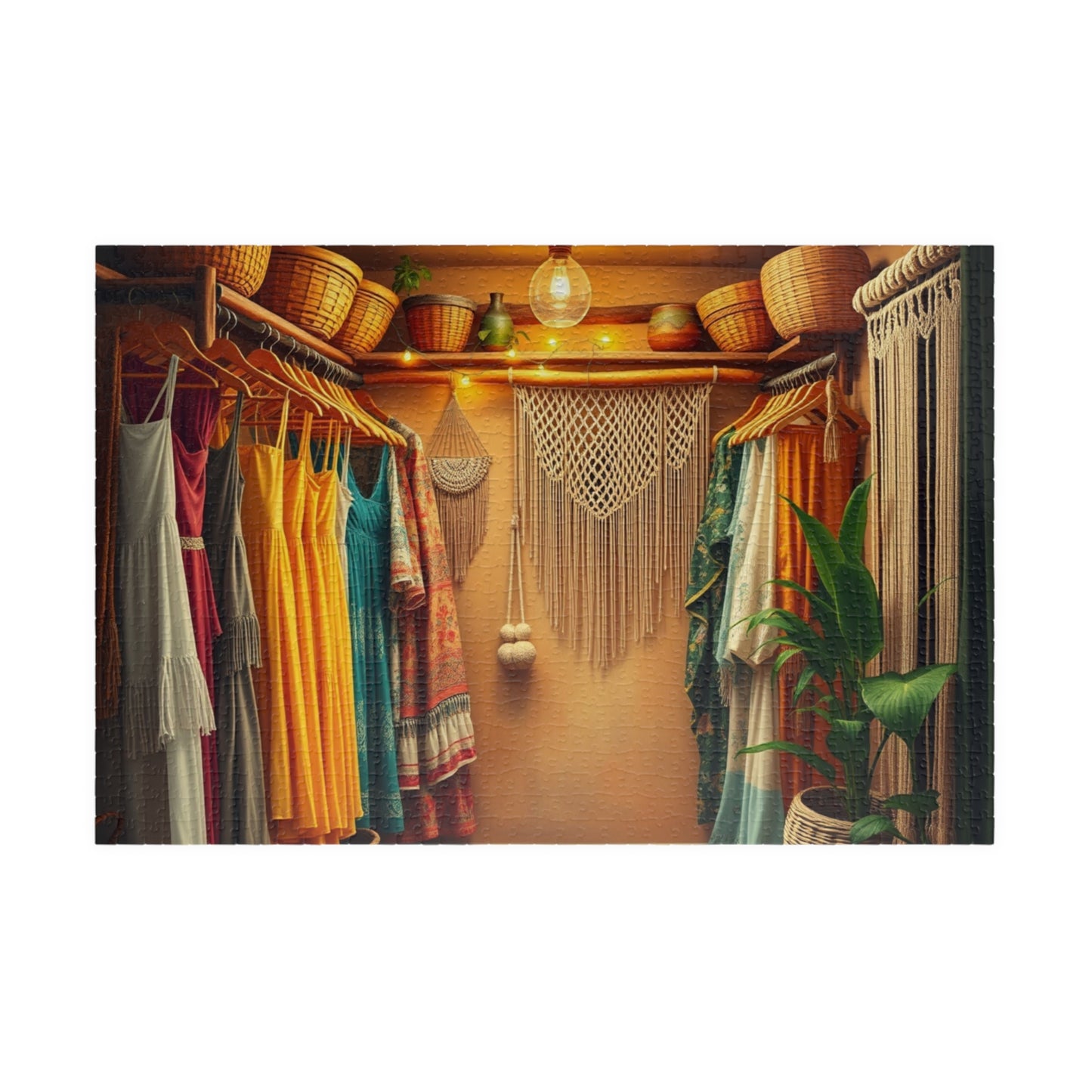 Boho Chic Closet Jigsaw Puzzle, Rustic Fashion Wardrobe with Dresses Plants and Accessories Game, Dreamy Womans Boutique, Puzzle Lover Gift