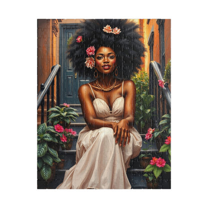 Artistic Jigsaw Puzzle: Beautiful Black Woman with Flowers, Perfect Afrocentric Gift for Puzzle Lovers, Relaxing Activity, Fun Family Game