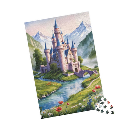 Jigsaw Puzzle, Fairytale Castle Landscape Puzzle - Snow-capped Mountains, Wildflowers, River, Scenic Puzzle Puzzle The Puzzle Chest