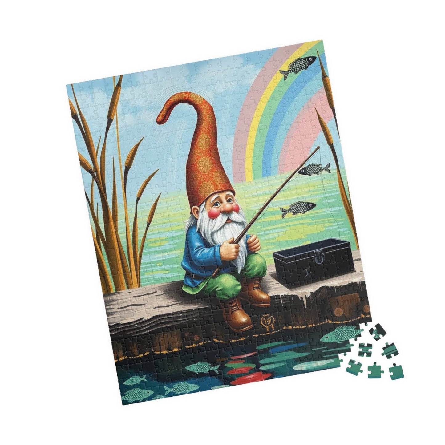 Gnome Fishing on Dock – Watercolor Dwarf Storybook Lakeside Jigsaw Puzzle 520 pcs (Vertical) Puzzle The Puzzle Chest