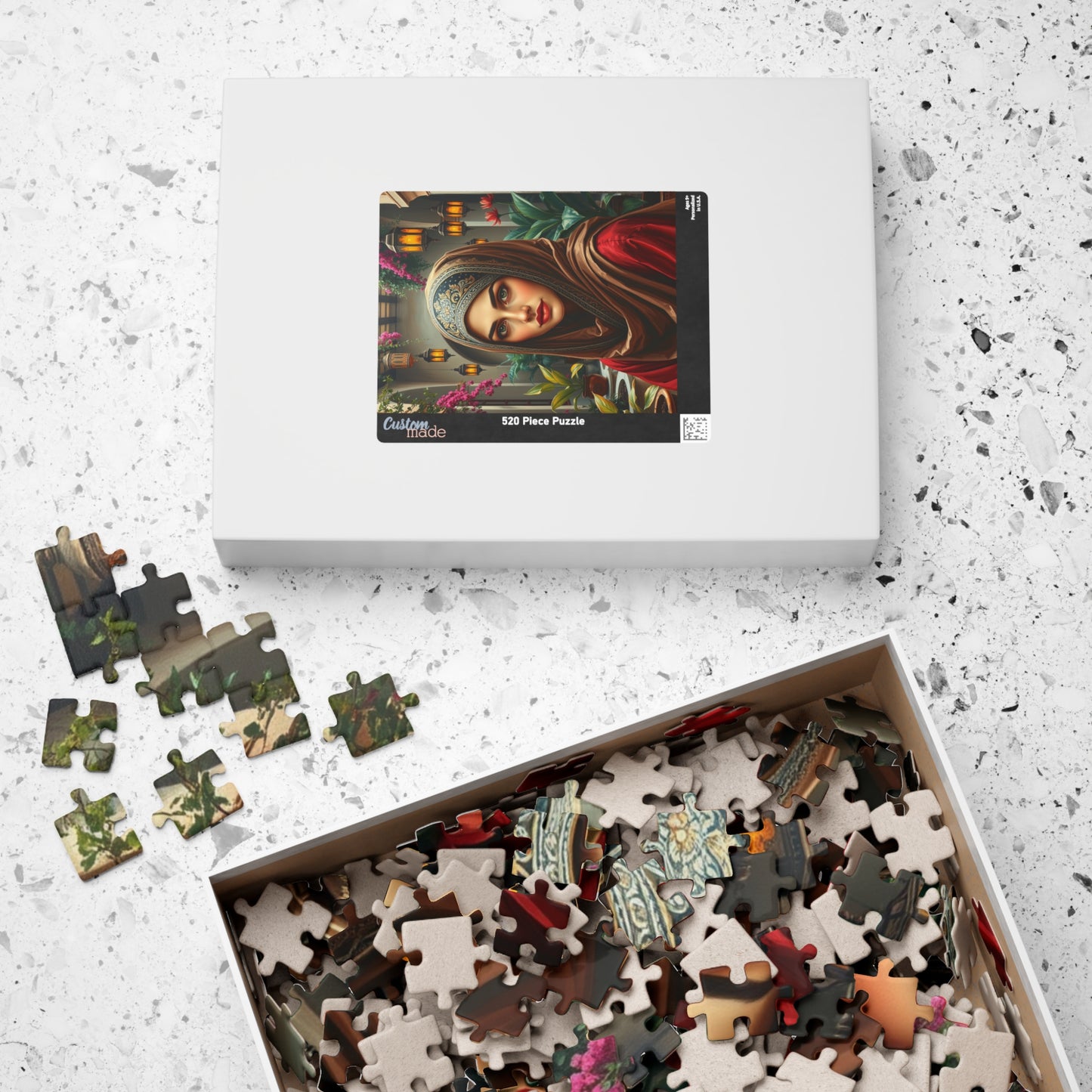Middle Eastern Cultural Art Jigsaw Puzzle, Woman in Hijab Courtyard Scene, Hanging Lanterns Vibrant Plants, Puzzle Enthusiast Art Lover Gift Puzzle The Puzzle Chest