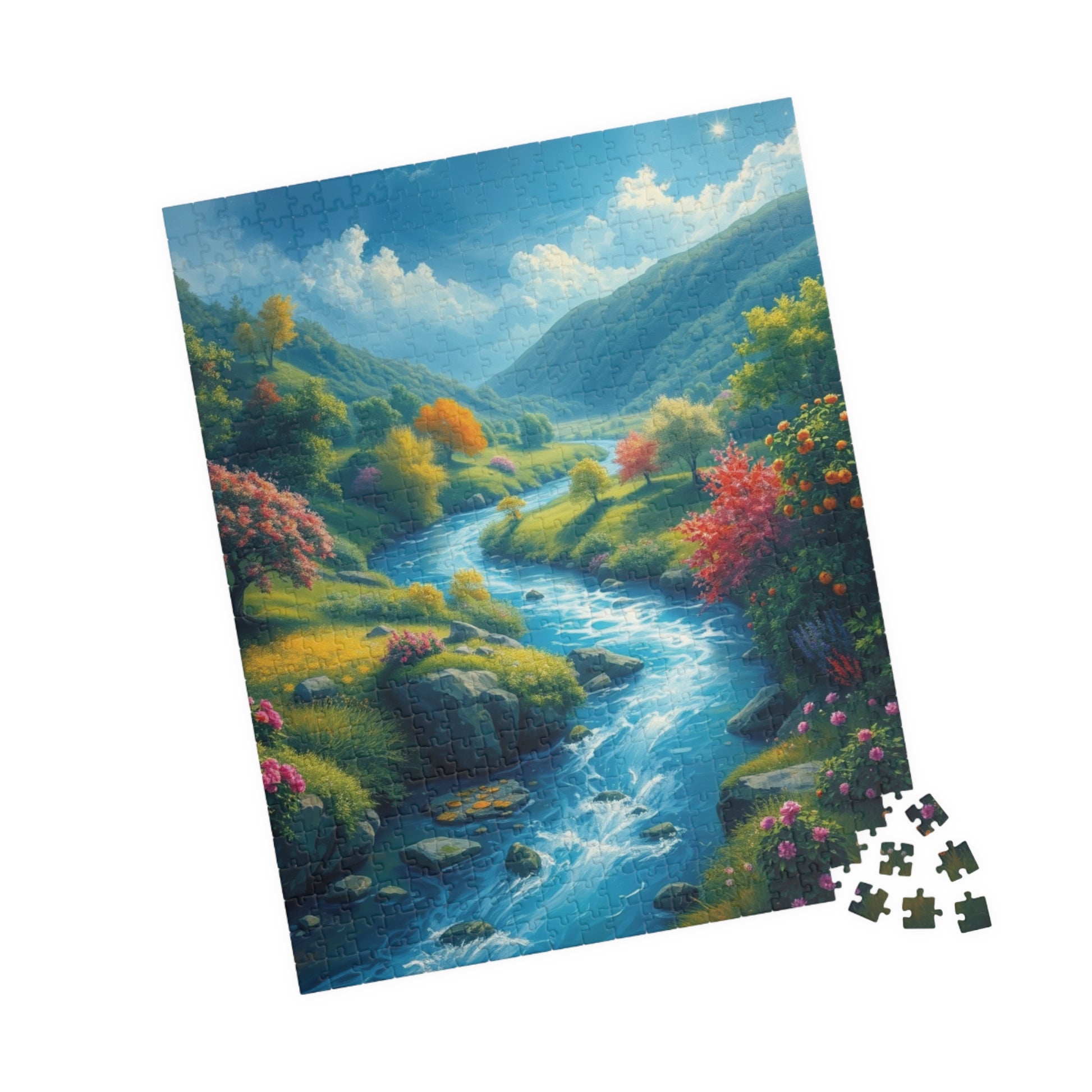 Mystical River Valley Jigsaw Puzzle, Fantasy Landscape with Vibrant Trees and Flowers, Ethereal Scene of Nature's Beauty and Tranquility Puzzle The Puzzle Chest