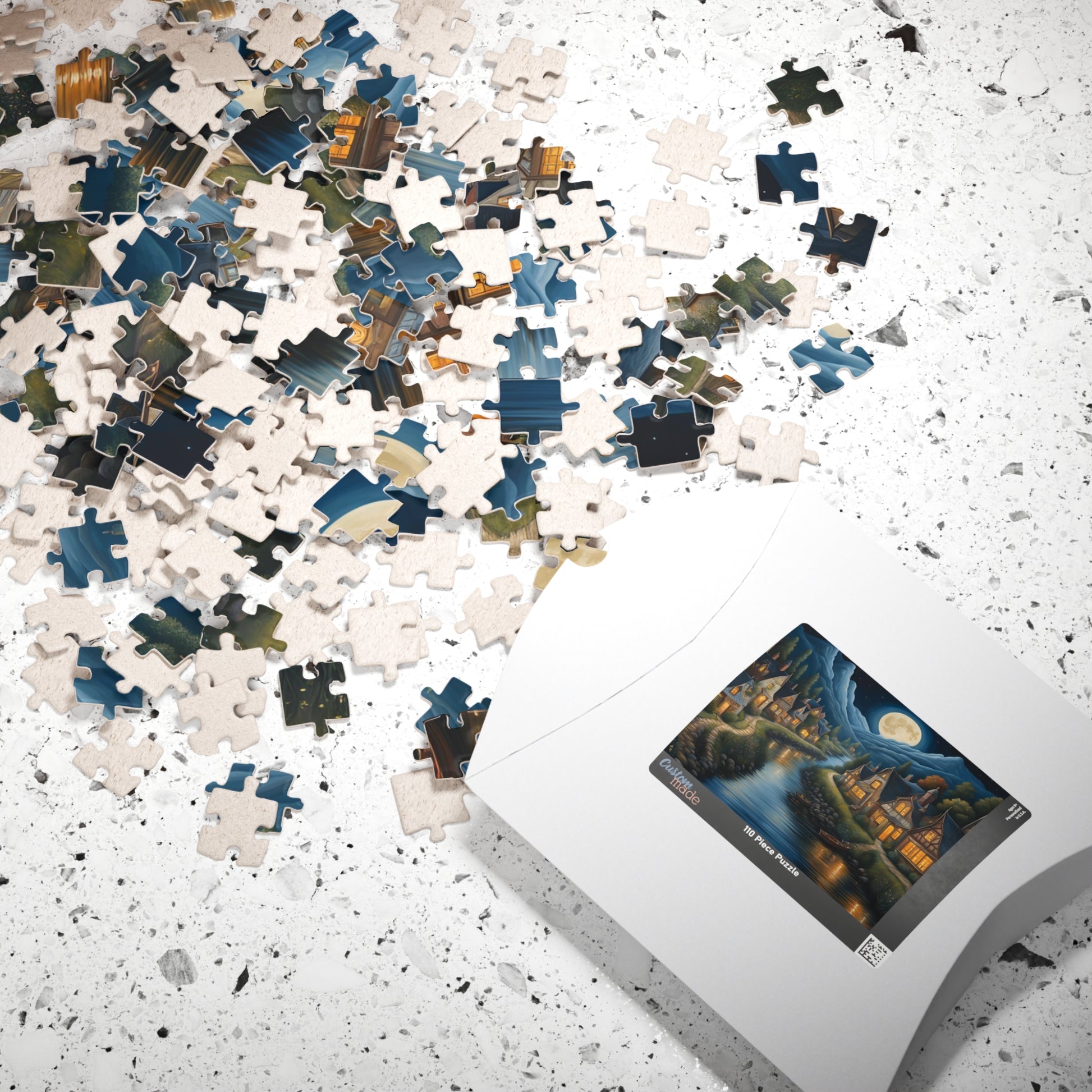 Nordic Night Village Puzzle, Serene Moonlit River Landscape, Cozy Scandinavian River Town Jigsaw Game, Mindfulness Gift for Puzzle Lover The Puzzle Chest