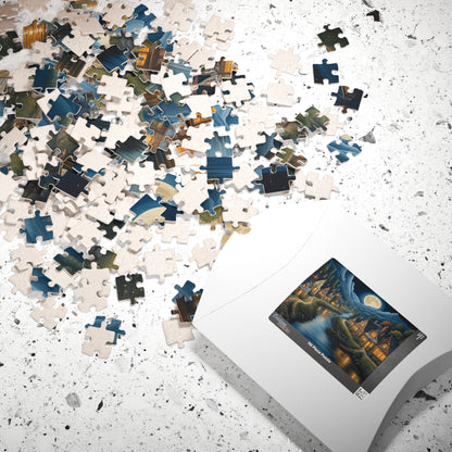 Nordic Night Village Puzzle, Serene Moonlit River Landscape, Cozy Scandinavian River Town Jigsaw Game, Mindfulness Gift for Puzzle Lover The Puzzle Chest