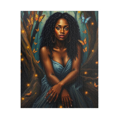 Afrocentric Jigsaw Puzzle - Black Woman in Mystical Forest, Fireflies and Butterflies Design, Relaxing Indoor Family or Solo Activity, Gift