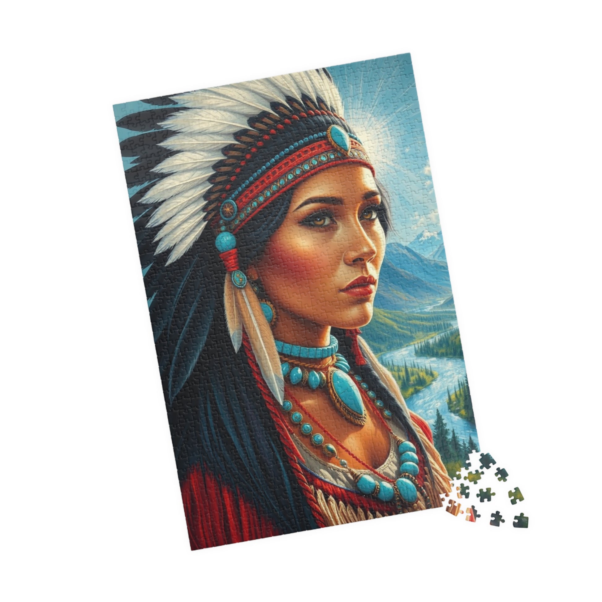 Puzzle, Indigenous Bride with Dark Eyes and Tan Skin, Buckskin Dress, Turquoise Necklace, Feather Headdress Natural Landscape, Mountains, Puzzle The Puzzle Chest