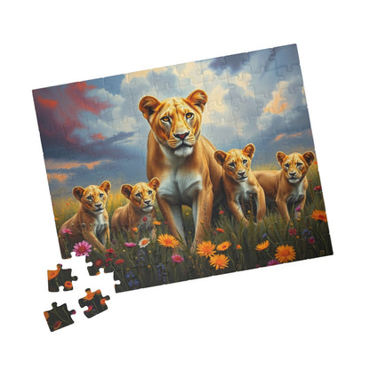 Lioness and Cubs Puzzle | Wildlife Animal Scene Jigsaw Puzzle 110 pcs (Horizontal) Puzzle The Puzzle Chest