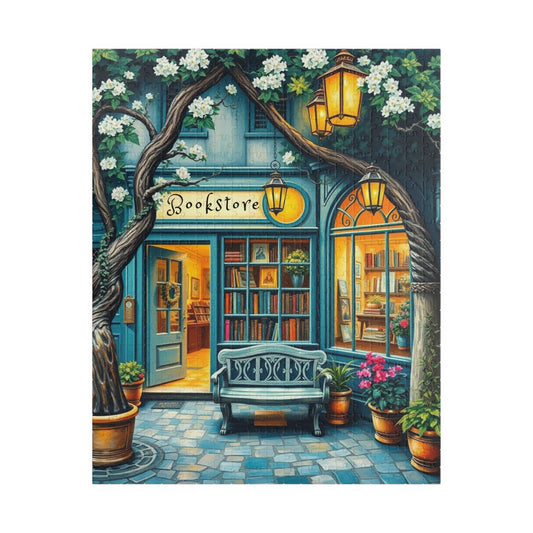 Artistic Bookstore Jigsaw Puzzle – Teal Facade and Garden Bench, Game for Book Lovers Puzzle The Puzzle Chest