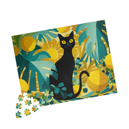 Cat with Tropical Leaves – Vibrant Fauvist Jigsaw Puzzle, Animal Theme Jungle Mystical Black Cat Art Puzzle 252 pcs (Horizontal) Puzzle The Puzzle Chest