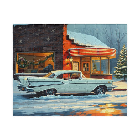 Vintage Car Puzzle Winter Scene, Nostalgic Classic 1957 Chevy Bel Air Jigsaw Game, Cozy Indoor Activity, Family Fun Game, Retro Holiday Gift 110 pcs (Horizontal) Puzzle The Puzzle Chest