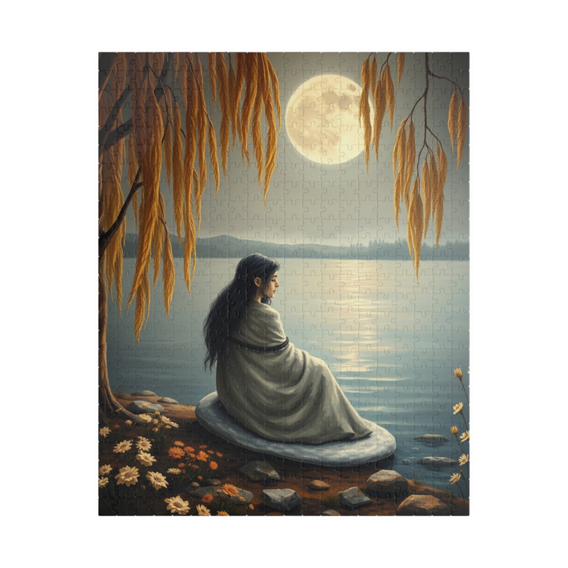 Mythical Jigsaw Puzzle, Moonlit Lake with Selkie, 110/252/520/1014-piece, Willow Trees, Flowers, Sealskin Cloak, Gift for Fantasy Lover 520 pcs (Vertical) Puzzle The Puzzle Chest