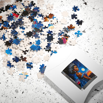 Celestial Themed African Princess Puzzle, Moon Stars Animal Silhouette, Vibrant Blue Afrocentric Game, Mindful Activity, Puzzle Lover Gift Puzzle The Puzzle Chest