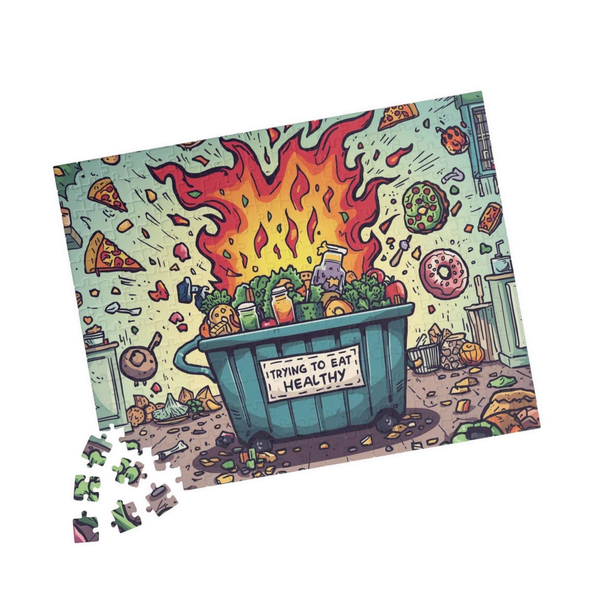 Funny Healthy Eating Jigsaw Puzzle - Dumpster Fire Meme, Family Game Night or Solo Fun, Holiday Birthday Gift, Brain Teaser 252 pcs (Horizontal) Puzzle The Puzzle Chest