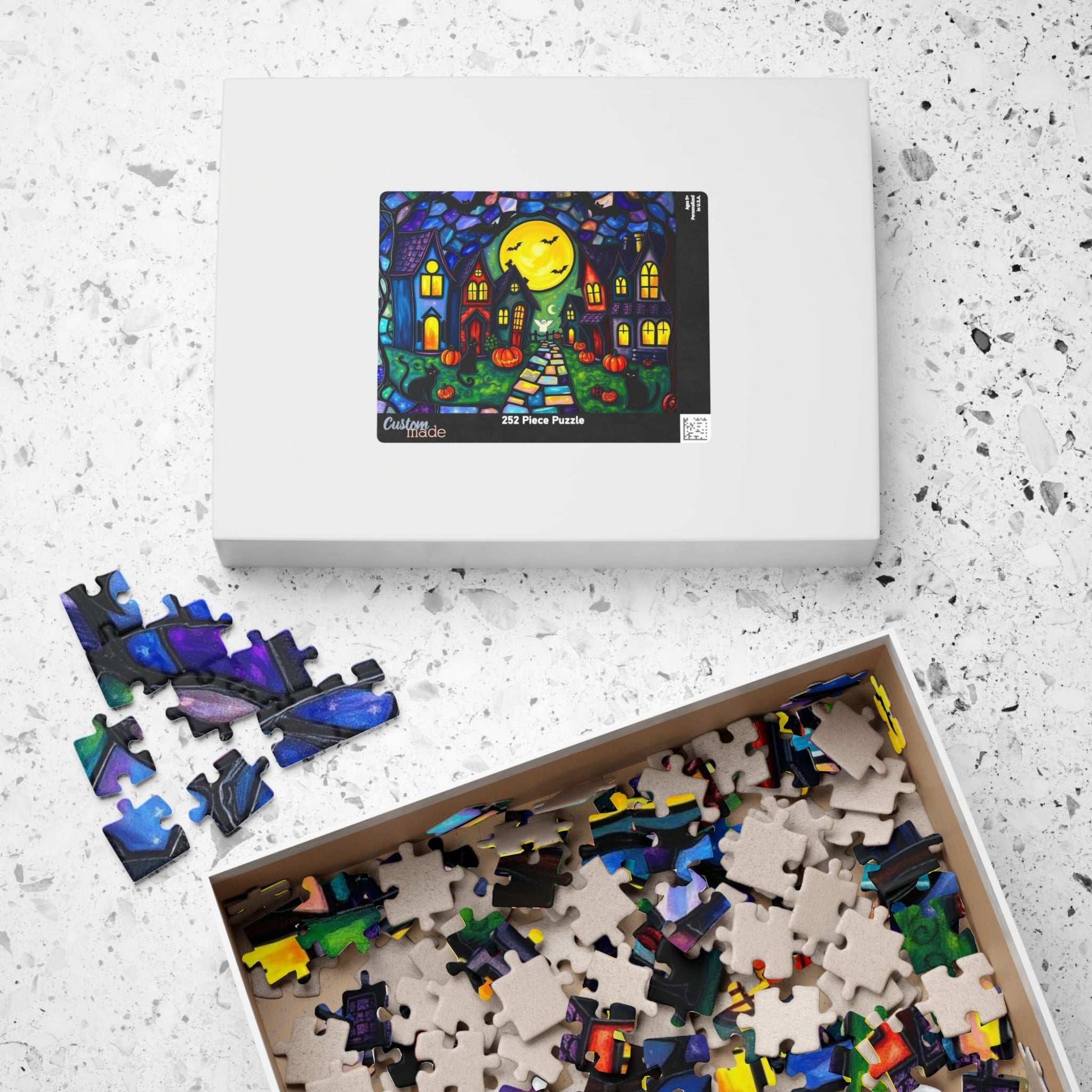 Halloween Puzzle for Adults - Spooky Village Black Cat Scene