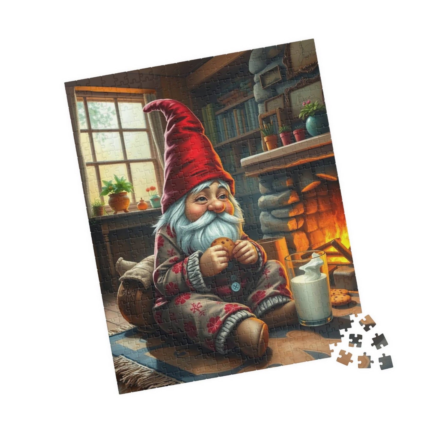Gnome Pajama Snack – Cozy Cottage Fireplace Milk and Cookies Jigsaw Puzzle 520 pcs (Vertical) Puzzle The Puzzle Chest