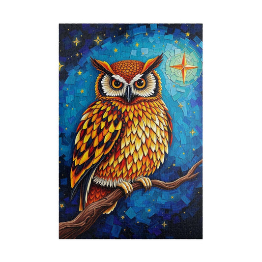 Mosaic Wise Owl Jigsaw Puzzle, Hooter Night Bird Perched on Tree Branch, Starry Sky Background, 110-1014 Piece, Animal Lover Gift, Mindful 1014 pcs (Vertical) Puzzle The Puzzle Chest