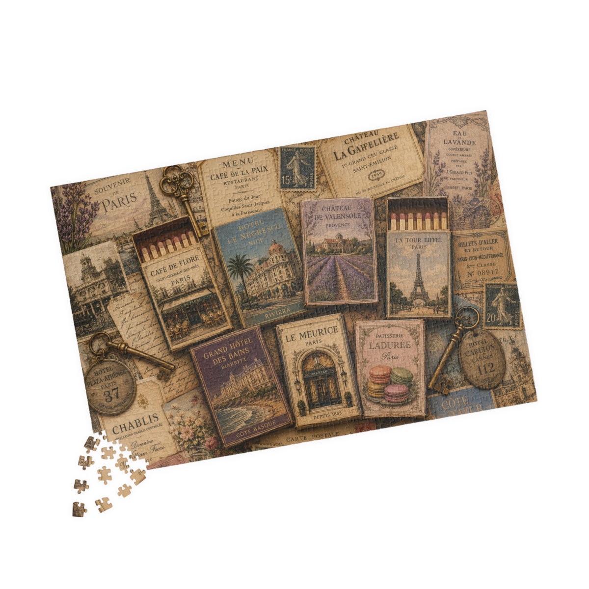 Vintage France Matchbook Puzzle | Paris Travel Memorabilia Jigsaw | French Café Collection Challenge | European Nostalgia 1014 pcs (Horizontal) Puzzle The Puzzle Chest