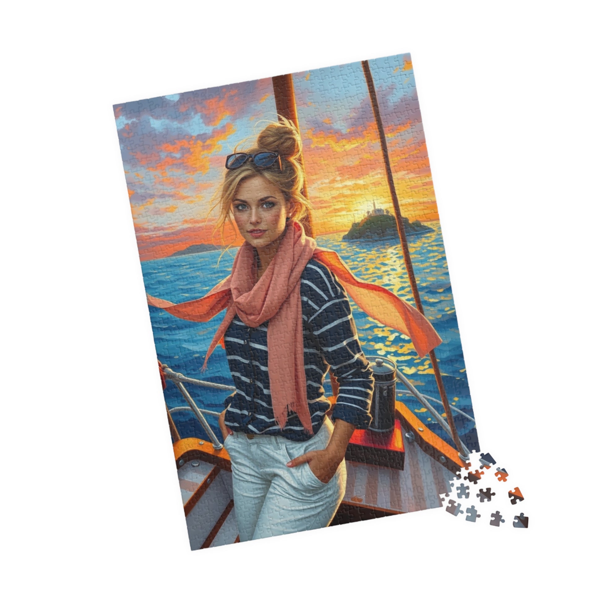 Jigsaw Puzzle, Woman on Sailboat Bow, 110 252 520 1014 Piece, Navy Striped Shirt, White Pants, Blonde Hair, Messy Bun, Fair-skinned Lady, Puzzle The Puzzle Chest