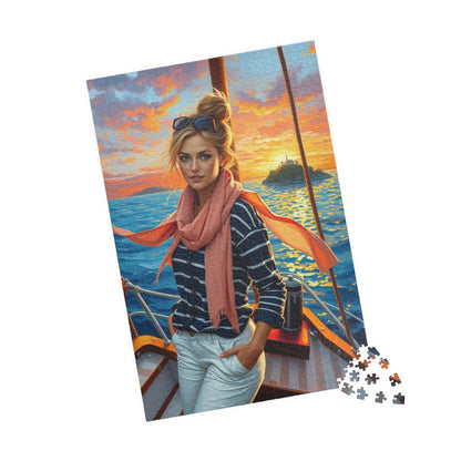 Jigsaw Puzzle, Woman on Sailboat Bow, 110 252 520 1014 Piece, Navy Striped Shirt, White Pants, Blonde Hair, Messy Bun, Fair-skinned Lady, Puzzle The Puzzle Chest