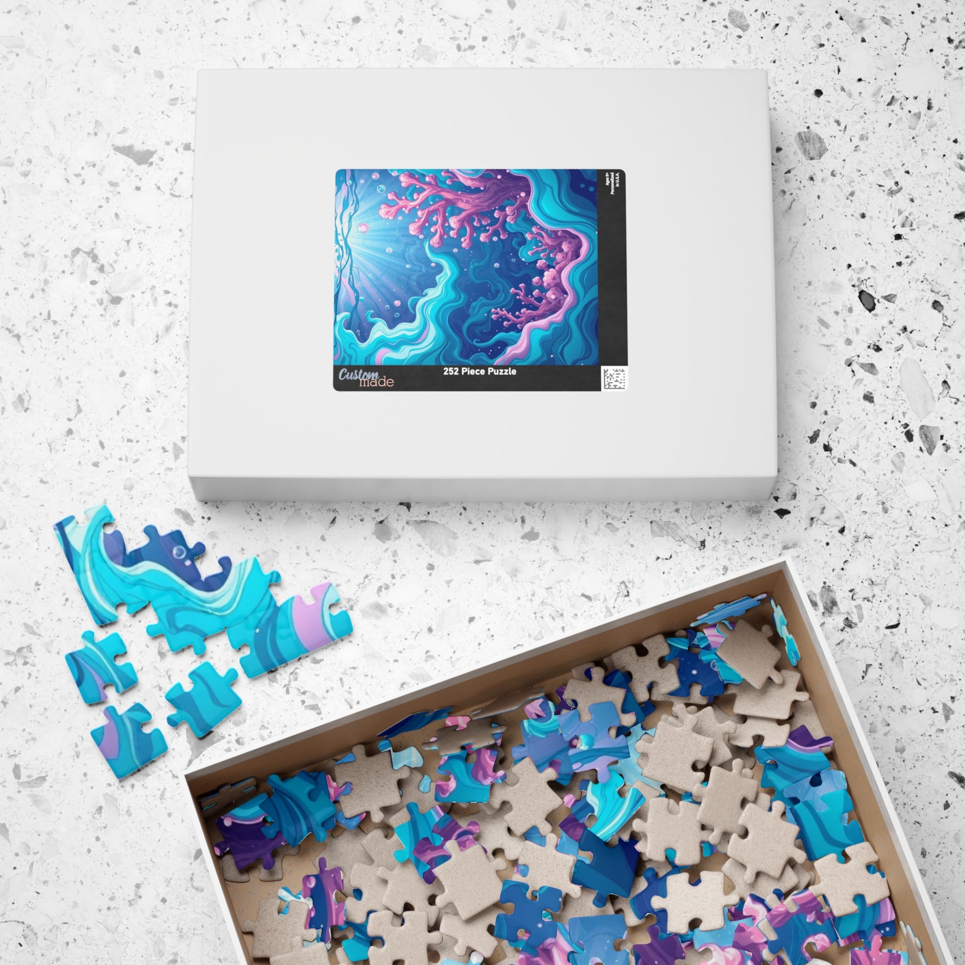 Abstract Underwater Scene Puzzle - Teal Aqua Pink Waves Coral Bubbles Light Beams Jigsaw Game Puzzle The Puzzle Chest