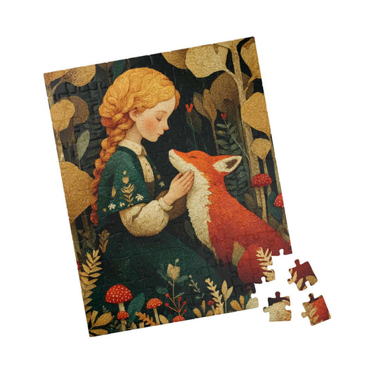 Woodland Clearing Jigsaw Puzzle – Red Fox, Girl in Green Dress, Autumn Forest Scene 110 pcs (Vertical) Puzzle The Puzzle Chest
