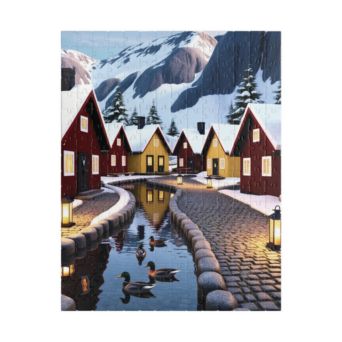 Nordic Village Jigsaw Puzzle - Winter Scene, Snowy Peaks, Red Yellow Cottages, Fun Family Activity, Christmas Holiday 252 pcs (Vertical) The Puzzle Chest