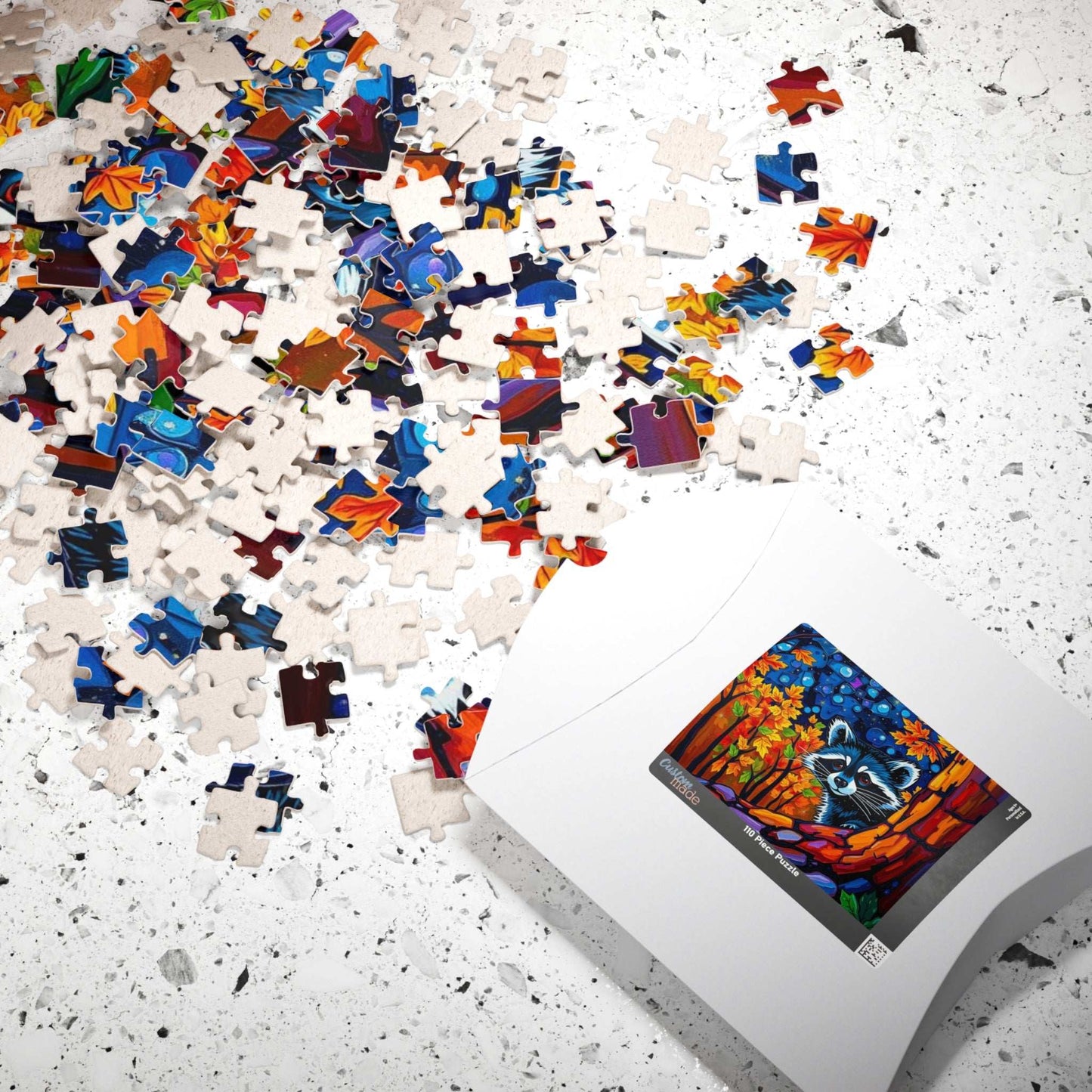 Autumn Nightscape Raccoon Puzzle, Colorful Nature Jigsaw for Solo or Family Fun, Birthday Gift for Animal Lover, Cozy Night In Entertainment