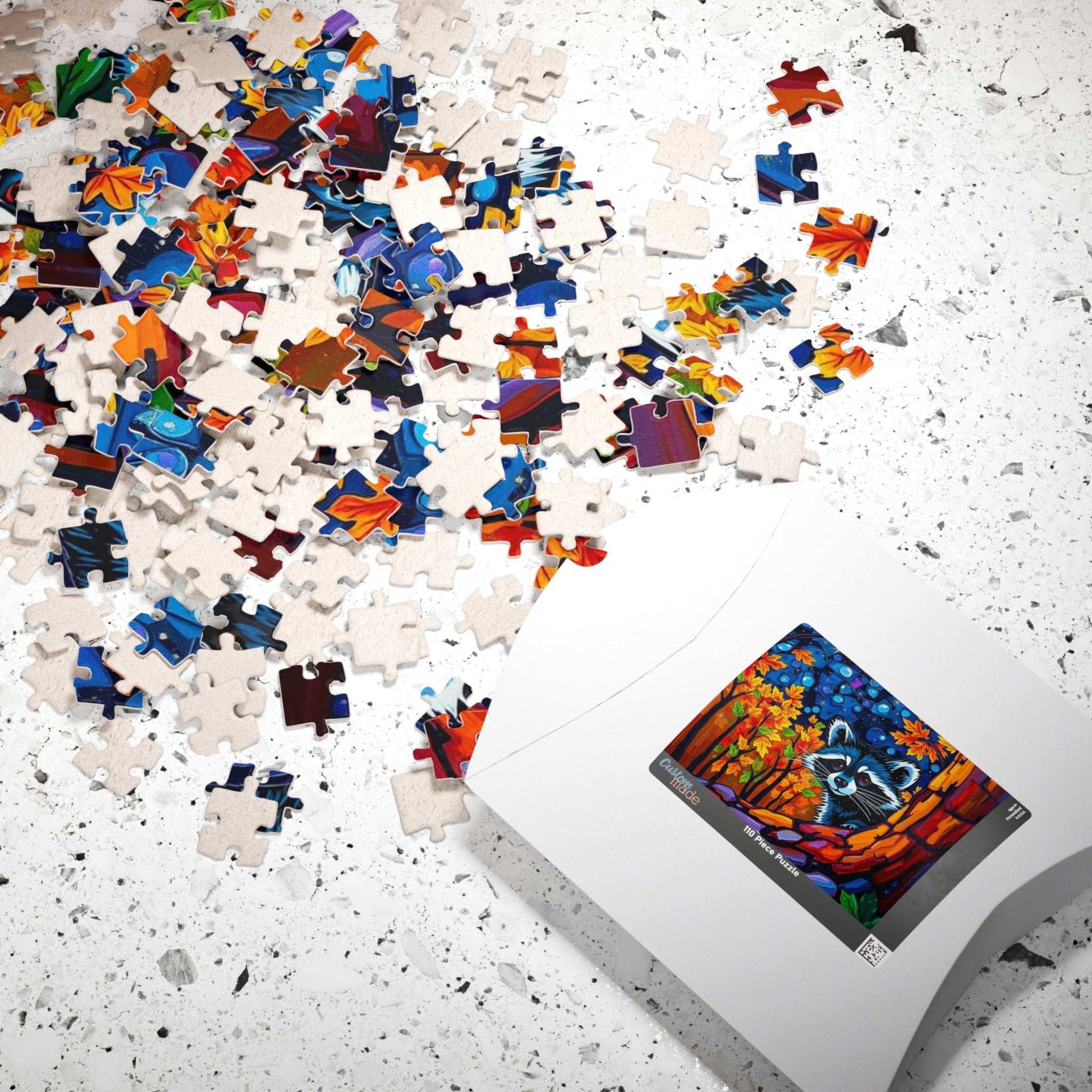Autumn Nightscape Raccoon Puzzle, Colorful Nature Jigsaw for Solo or Family Fun, Birthday Gift for Animal Lover, Cozy Night In Entertainment