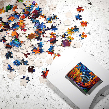 Autumn Nightscape Raccoon Puzzle, Colorful Nature Jigsaw for Solo or Family Fun, Birthday Gift for Animal Lover, Cozy Night In Entertainment