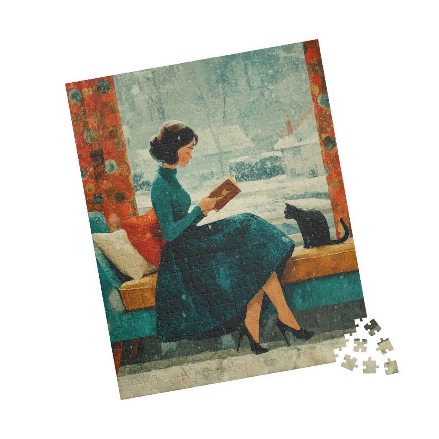 Mid-Century Winter Reading Nook Jigsaw Puzzle – Vintage 1950s Woman, Cat, and Snowy Window 520 pcs (Vertical) Puzzle The Puzzle Chest